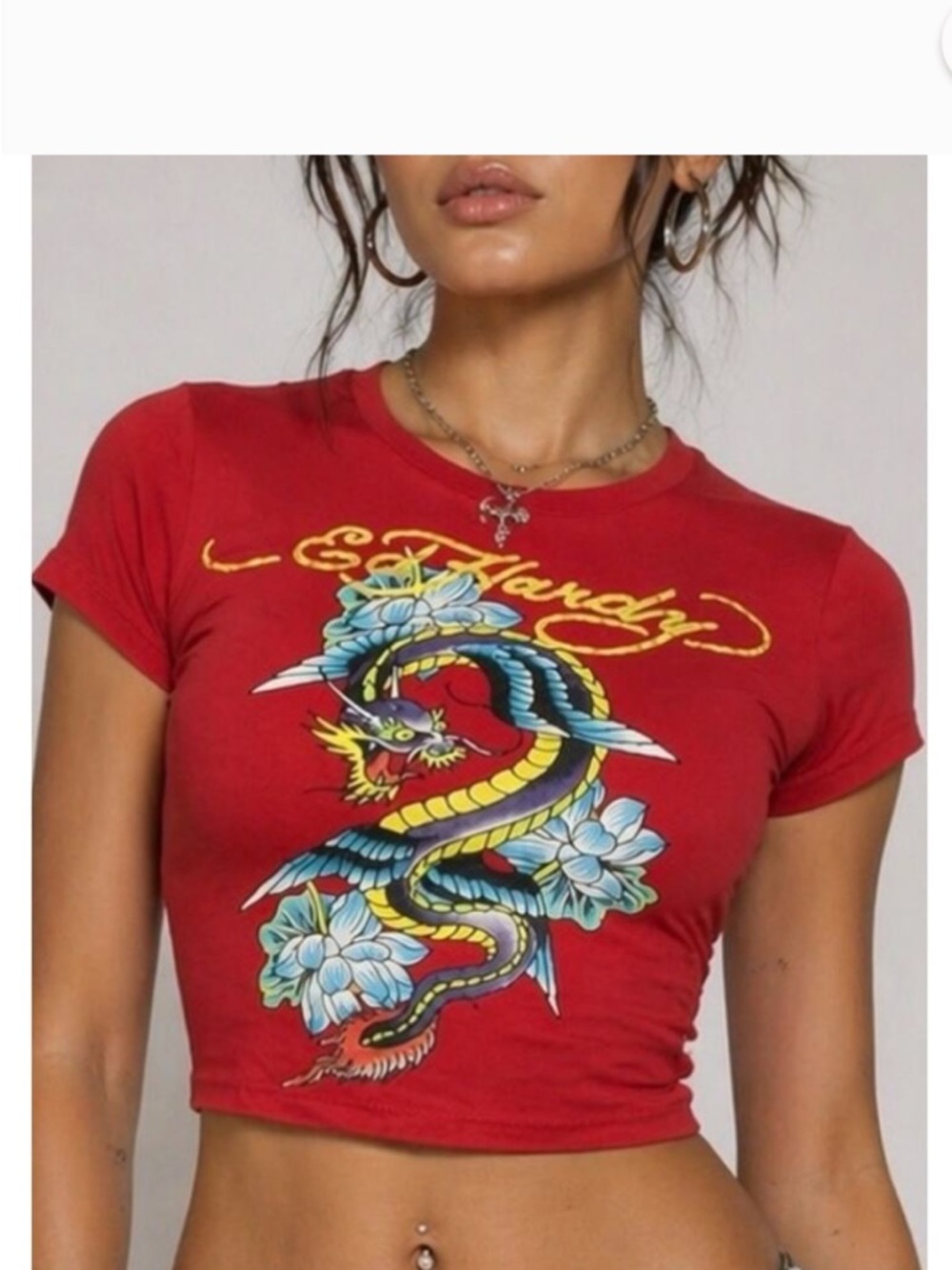 Ed Hardy Red Dragon Baby Tee Crop Top Size Large | Y2K